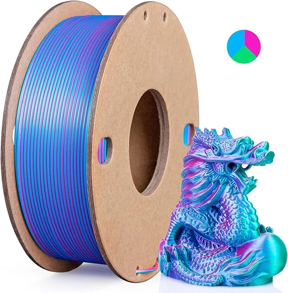 3DGenius Silk Triple Color PLA Filament, 3-in-1 Coextruded Shiny Multicolor 3D Printer Filament, 250g(0.55lbs) Spool, Silk Rose Red/Sky Blue/Green, Clog-Free & Bubble-Free for FDM 3D Printers
