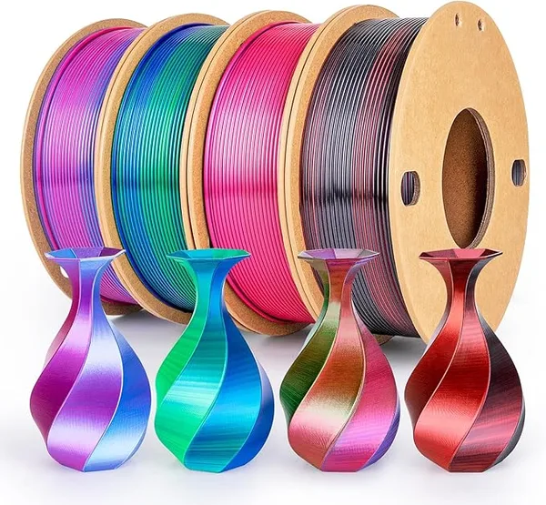 3DGenius Silk PLA Filament Bundle, Shiny Metallic Multi-Color 3D Printer Filament 4-Pack (250g/Spool, 1kg Total), High Gloss & Smooth Finish for Articulated Dragon Toys, 3D Art Crafts & Gifts, 4Pack1