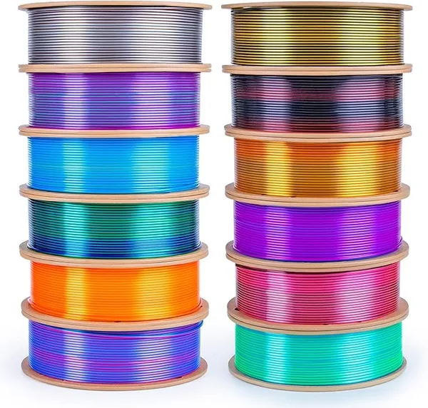 3DGenius Silk PLA Filament Bundle, Shiny Metallic Multi-Color 3D Printer Filament 12-Pack (250g/Spool, 3kg Total), High Gloss & Smooth Finish for Articulated Dragon Toys, 3D Art Crafts & Gifts