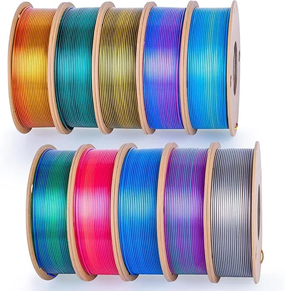 3DGenius Silk PLA Filament Bundle, Shiny Metallic Multi-Color 3D Printer Filament 10-Pack (250g/Spool, 2.5kg Total), High Gloss & Smooth Finish for Articulated Dragon Toys, 3D Art Crafts & Gifts