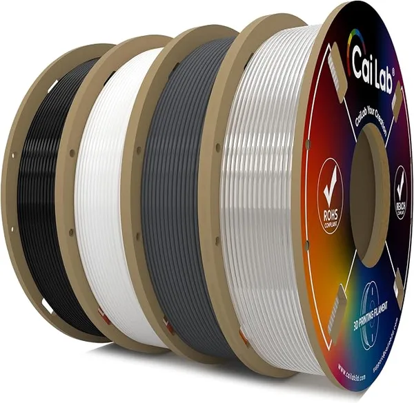 CaiLab PETG 3D Printer Filament 200g*4 - PLA+ABS Fusion High Performance, ± Accuracy, Strong Odorless Toughness - Industrial for Professionals, Hobbyists (Black+White+Gray+Transparent)