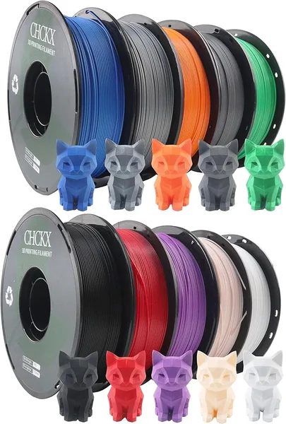 CHCKX CHCKX 10 Pack PLA 3D Printer Filament Bundle, 1kg Spool (2.2lbs), Dimensional Accuracy +/-, Black White Grey Red Green Purple Skin Blue Orange Silver
