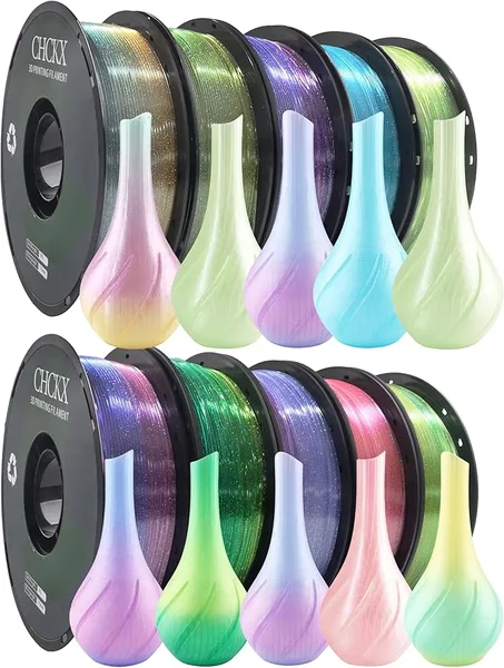 CHCKX CHCKX 10 Pack Crystal Rainbow PLA 3D Printer Filament Bundle, Dimensional Accuracy +/-, 1kg (2.2lbs), 10 Rolls Multicolor Assortment Pink, Blue, Green, Purple,Yellow Green Purple