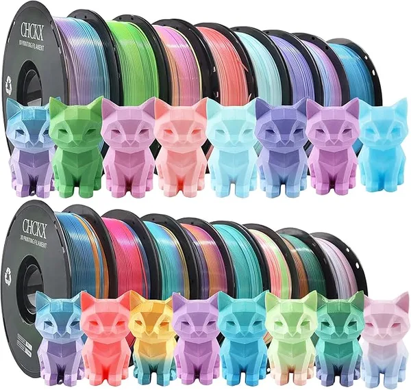 CHCKX CHCKX 16 Pack Silk Rainbow PLA 3D Printer Filament Bundle, 16 Rolls,Dimensional Accuracy +/-, 1kg (2.2lbs), Rainbow Candy,Blue Green,Red White,Blue White,Green, 16 Mix Rainbow Colors