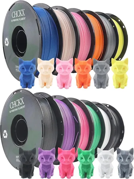 CHCKX CHCKX 12 Pack PLA 3D Printer Filament, Dimensional Accuracy +/-, 1kg Spool (2.2lbs)，Black White Grey Red Green Yellow Purple Skin Blue Pink Orange Silver，12 Colors