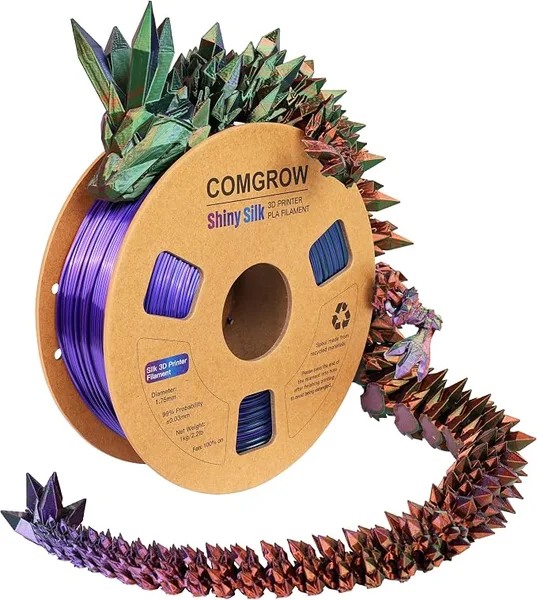 Comgrow Comgrow Tri-Colors Silk PLA 3D Printer Filament, Rainbow PLA Filament, Dimensional Accuracy +/-, 1KG Spool, Coextrusion 3D Filament with Shiny Silk Copper-Green-Purple