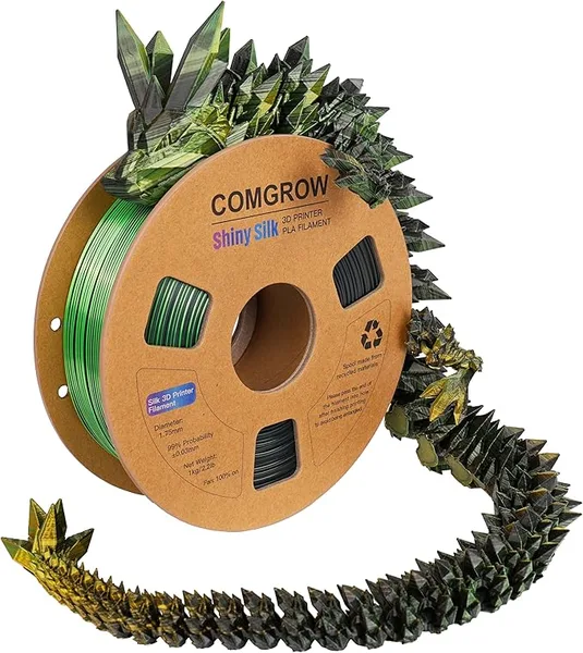 Comgrow Comgrow Tri-Colors Silk PLA 3D Printer Filament, Rainbow PLA Filament, Dimensional Accuracy +/-, 1KG Spool, Coextrusion 3D Filament with Shiny Silk Golden-Green-Black