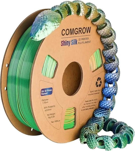 Comgrow Comgrow Tri-Colors Silk PLA 3D Printer Filament, Rainbow PLA Filament, Dimensional Accuracy +/-, 1KG Spool, Coextrusion 3D Filament with Shiny Silk Blue-Green-Orange