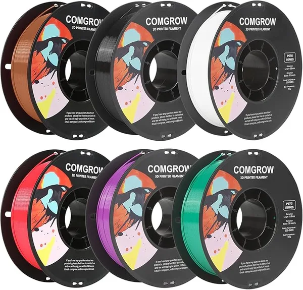 Comgrow Comgrow PETG 3D Printer Filament, High Precision and Tough 3D Printer Filament 6 rolls*1kg, Dimensional Accuracy +/-, Fit Most 3D Printers Black/White/Cherry Red/Pine Green/Purple/Brown