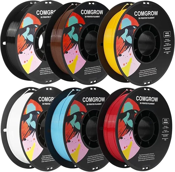 Comgrow Comgrow PETG 3D Printer Filament, Dimensional Accuracy +/-, Fit Most 3D Printers Black/White/Reddish-Brown/Light Blue/Yellow/Red