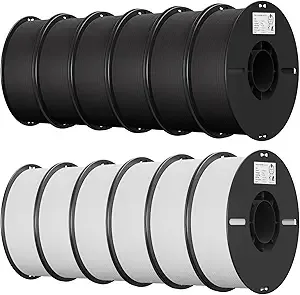 Creality Creality 12 Pack PLA Filament Bundle for 3D Printing with No-Tangling Strong Bonding and Overhang Performance, Accuracy +/- (6 Black+6 White)