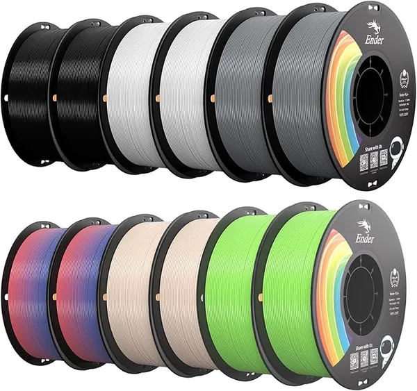 Creality Creality PLA+ Filament 12KG, 3D Printer Filament 12 Pack 1kg Spool,Multi-Color 3D Printing Filament for Most FDM Printers(Black White Grey Rainbow Beige & Apple Green)