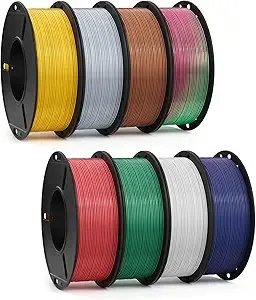 Deeplee3D DEEPLEE Silk PLA 3D Printer Filament 8 Pack 250g Bundle, Dimensional Accuracy +/-, Multi Color 3D Printing Filament, Gold/Silver/Bronze/Red/Holly Green/White/Green Red/Blue Purple Black
