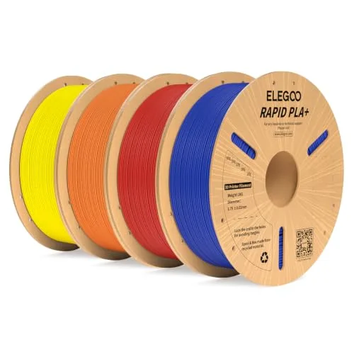 Elegoo ELEGOO Rapid PLA Plus Filament Bundle 4KG, PLA+ 3D Printer Filament/s High Speed, Dimensional Accuracy +/-, 4 Pack 1kg Cardboard Spool(2.2lbs) Yellow/Orange/Red/Blue