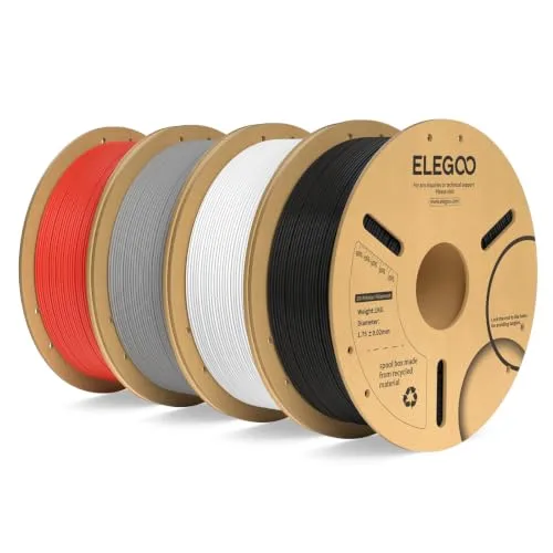 Elegoo ELEGOO PLA Plus Filament Bundle 4KG, PLA+ Tough 3D Printer Filament Dimensional Accuracy +/-, 4 Pack 1kg Spool(Black/White/Grey/Red)
