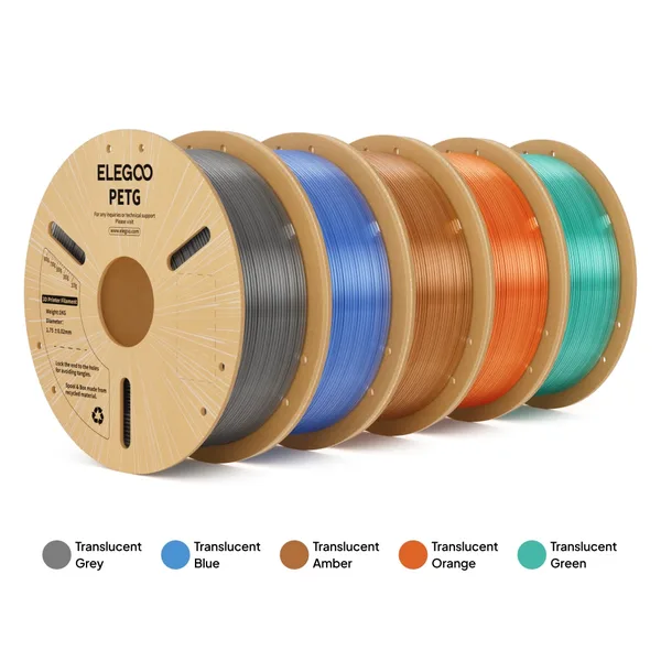 Elegoo PETG Translucent 5-Color Filament Bundle (5 x 1kg)– Color Pack B
