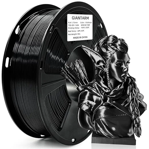 GiantArm GIANTARM 3D Printer Filament, Silk Black Pla Filament, 1Kg(2.2lbs) Spool Dimension Accuracy +/-, 3D Printing Filament