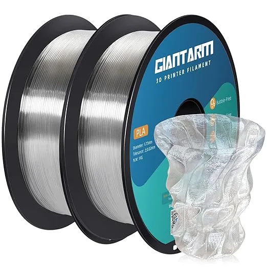 GiantArm GIANTARM PLA Filament 2KG,Clear 3D Printer Filament,Neatly Wound Transparent PLA 2pcs 1kg Spool (2.2lbs),Dimensional Accuracy +/-,Fit Most FDM 3D Printers