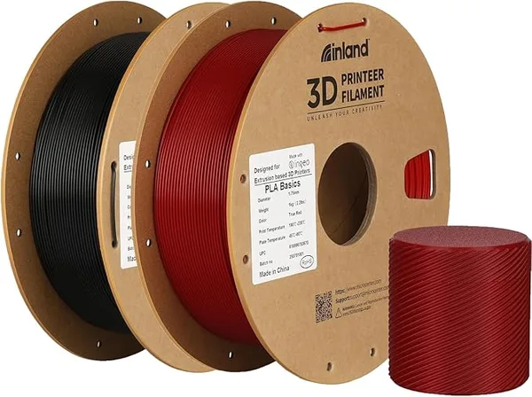 Inland Inland PLA Basics Filament, 1kg Spool – Dimensional Accuracy ±, Neatly Wound, Fits Most FDM 3D Printers (Black & True Red, 2 Pack)