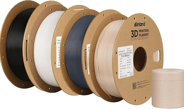 Inland Inland PLA Basics Filament, 1kg Spool – Dimensional Accuracy ±, Neatly Wound, Fits Most FDM 3D Printers (Black, White, Gray, Bone White, 4 Pack)