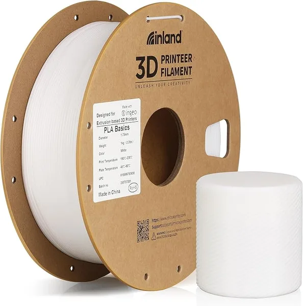Inland Inland PLA Basics Filament, 1kg Spool – Dimensional Accuracy ±, Neatly Wound, Fits Most FDM 3D Printers (White, 1 Pack)