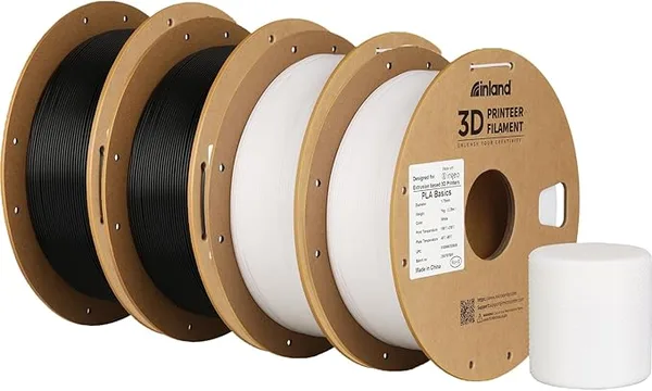 Inland Inland PLA Basics Filament, 1kg Spool – Dimensional Accuracy ±, Neatly Wound, Fits Most FDM 3D Printers (Black & White, 4 Pack)