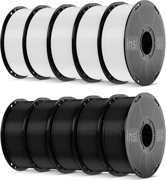 Inslogic 3D Inslogic Pre-Dried 10kg PLA Pro 3D Printer Filament Bundle, High-Speed Tough PLA Pro Filament ±, Reusable Spool, 1KG×10, (5 Black+5 White)