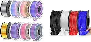 JAYO JAYO 3D Printer Filament 3kg, Silk PLA Filament and TPU Filament Fit Most FDM 3D Printers, Pack of 12, Silk PLA (Silk Rainbow, Light Gold, Silver) +TPU (Black, Clear, Red, Blue)