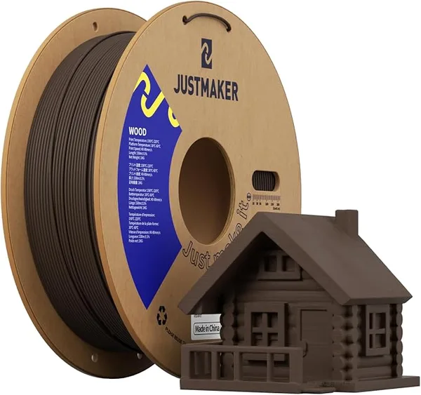 JustMaker PLA Wood 3D Printer Filament, Upgrade Cardboard Spool, Print with Most 3D Printers, Dimensional Accuracy +/-, 1kg, Brown