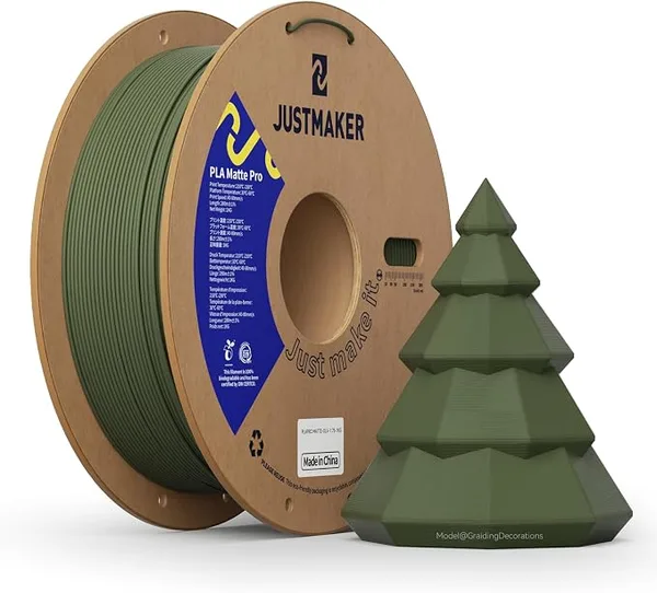 JustMaker PLA Matte 3D Printer Filament, Upgrade Cardboard Spool, Print with Most 3D Printers, Dimensional Accuracy +/-, 1kg, Olive Green