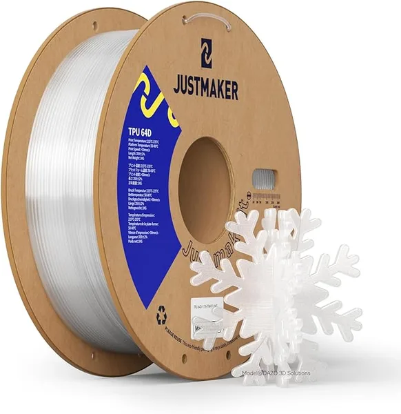 JustMaker TPU 64D 3D Printer Filament, Flexible Materials with Superior Performance, Upgrade Cardboard Spool, 1kg, Dimensional Accuracy +/-, Transparent White