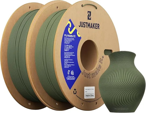 JustMaker PLA Matte 3D Printer Filament, Upgrade Cardboard Spool, Print with Most 3D Printers, Dimensional Accuracy +/-, 2kg, Olive Green
