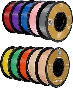 Kingroon Kingroon PLA 3D Printer Filament,10 Rolls,Dimensional Accuracy +/-, 1 kg Spool(2.2lbs)，Red Blue Green Yellow Wood Orange Pink Purple Silver Skin