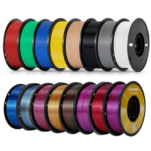 Kingroon KINGROON 16KG PLA Filament Bulk Bundle, 16 Pack (8 Basic PLA & 8 Tri-Color Silk Spools), Dimensional Accuracy +/-, Tangle-Free 3D Printing Materials for Print Farms & Creators