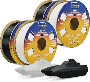Overture OVERTURE PETG Filament Bundle 4kg, High Speed 3D Printer Filament, Neatly Wound & Clog-Free, 4 Pack 1kg(2.2lbs), Accuracy +/-, Fit Most FDM Printers (Black*2+White*2)