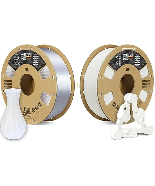 Overture OVERTURE PETG Filament 2kg, Transparent + White, Pack of 2, Fits Most FDM 3D Printers