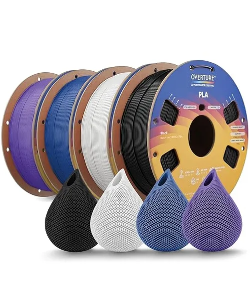 Overture OVERTURE 4KG Bundle High Speed PLA Filament, Neatly Wound 3D Printer Filament 4 Pack 1kg Spool (2.2lbs) Rapid PLA, Fit Most FDM 3D Printers (Black+White+Blue+Purple)
