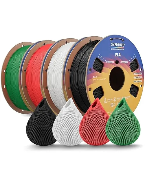Overture OVERTURE 4KG Bundle High Speed PLA Filament, Neatly Wound 3D Printer Filament 4 Pack 1kg Spool (2.2lbs) Rapid PLA, Fit Most FDM 3D Printers (Black+White+Red+Green)