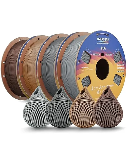 Overture OVERTURE 4KG Bundle High Speed PLA Filament, Neatly Wound 3D Printer Filament 4 Pack 1kg Spool (2.2lbs) Rapid PLA, Fit Most FDM 3D Printers (Light Grey+Space Grey+Brown+Chocolate)