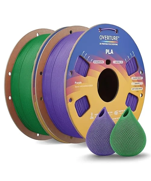 Overture OVERTURE 2KG Bundle High Speed PLA Filament, Neatly Wound 3D Printer Filament 2 Pack 1kg Spool (2.2lbs) Rapid PLA, Fit Most FDM 3D Printers (Purple+Green)