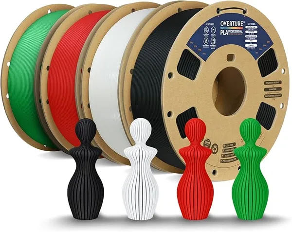 Overture OVERTURE 4KG Bundle PLA Plus (PLA+) Filament, Stronger & More Durable, Professional Toughness 3D Printer Filament 1kg (2.2lbs) 4 Pack (Black+White+Red+Green)