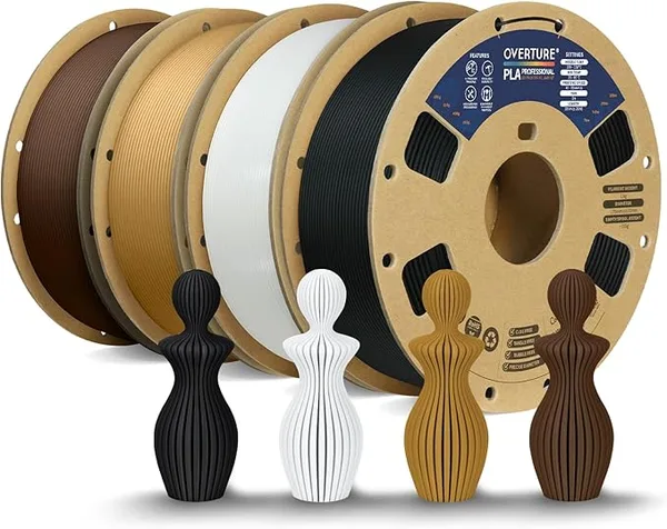 Overture OVERTURE 4KG Bundle PLA Plus (PLA+) Filament, Stronger & More Durable, Professional Toughness 3D Printer Filament 1kg (2.2lbs) 4 Pack (Black+White+Brown+Chocolate)