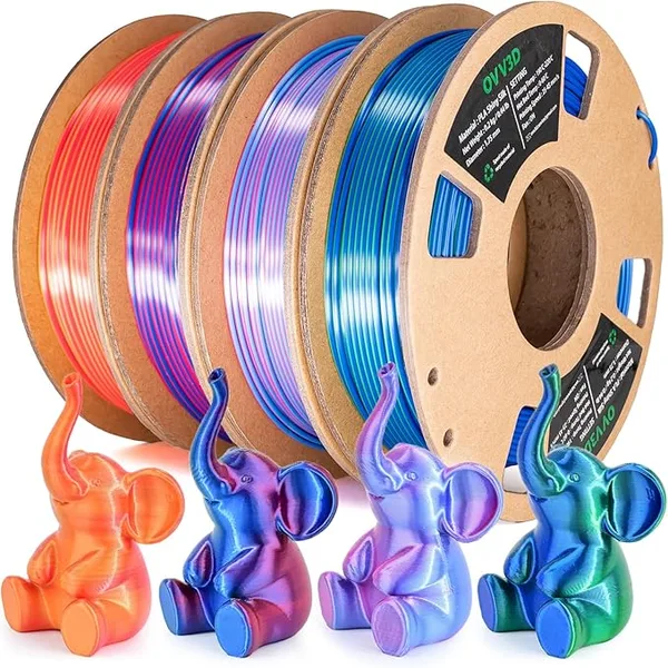 OVV3D OVV3D Silk PLA 3D Printer Filament Bundle, Shiny Dual Color Filament Pack, Multi Color Change 3D Printing Filament for 3D Printer, 200g X 4 Spools of Red Gold Blue Green Sky-Blue