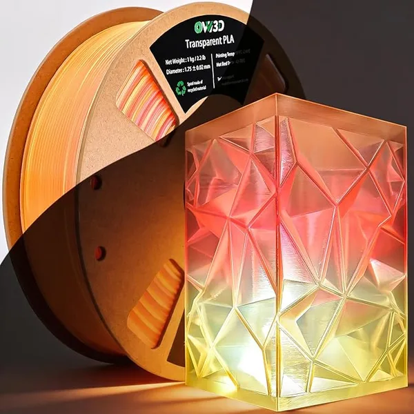 OVV3D OVV3D Translucent PLA Filament, Sunset Multicolor Transparent 3D Printer Filament, Clear PLA Red Orange Yellow Gradient Color Change Rainbow Filament, Spool 1KG, +/-