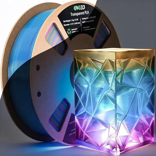 OVV3D OVV3D Transparent Rainbow PLA Filament, Multicolor Blue Purple Yellow Translucent 3D Printer Filament, Clear PLA Gradient Color Change, Spool 1KG, +/-, Fit Most FDM 3D Printers