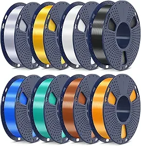 SUNLU SUNLU 3D Printer Filament Bundle, PLA+ Silk Filament Multicolor, Individually Vacuum Packed, 250G Spool, 8 Rolls, 2kg in Total, Black+White+Light Gold+Silver+Brass+Red Copper+Blue+Green