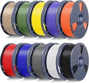 SUNLU SUNLU PLA+2.0 3D Printer Filament Bundle,10KG Upgrade PLA Plus Filament, 3DFilament Multicolor, 1KG Spool, 10 Pack, Black+White+Grey+Blue+Red+Yellow+Olive Green+Orange+Purple+Wood Color