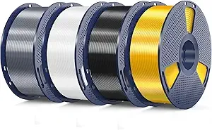 SUNLU 3D Printer Silk Filament, SUNLU Shiny Silk PLA Filament, Smooth Silky Surface, Great Easy to Print for 3D Printers, Dimensional Accuracy +/-, Silk Light Gold+Black+White+Grey, Total 4KG