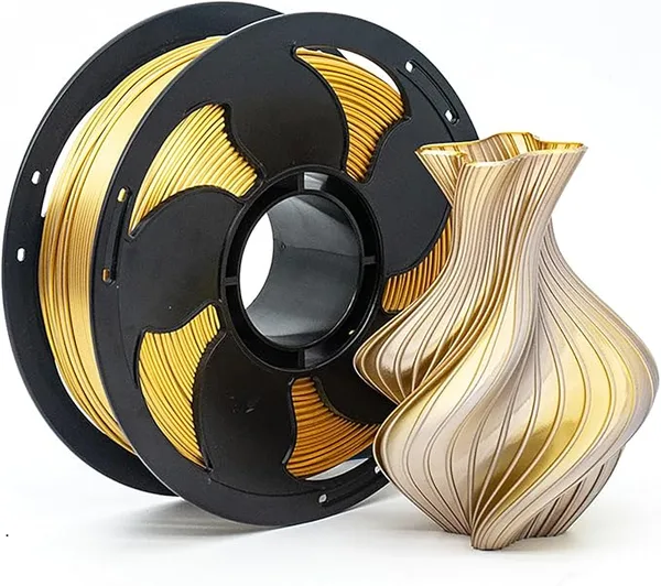 Toksen 3D Coextrusion 3D Printer Filament Silk Dual Bi Color Gold Silver PLA Filament with Shiny Silk Rainbow Color, 1kg (2.2lbs) Spool Neatly Wound Smooth Color Transition 3D Printing Filament