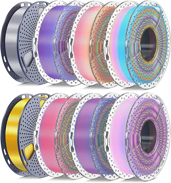 Yoopai SUNLU Silk PLA+ Filament Multicolor 250gx8, Silky Glossy PLA Plus 3D Printer Filament Bundle for Bambu Lab 3D Printers, 6 Rainbow Series+Gold+Silver